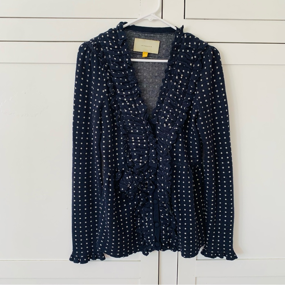 Anthropologie Leifsdottir Navy Blue Polka Dot Ruffle Button Cardigan Size Medium
